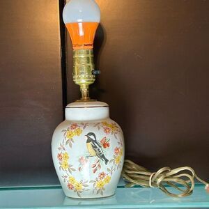 Vintage Bird Lamp Porcelain Painted Bedside Table Jar Floral Asian Design 9”
